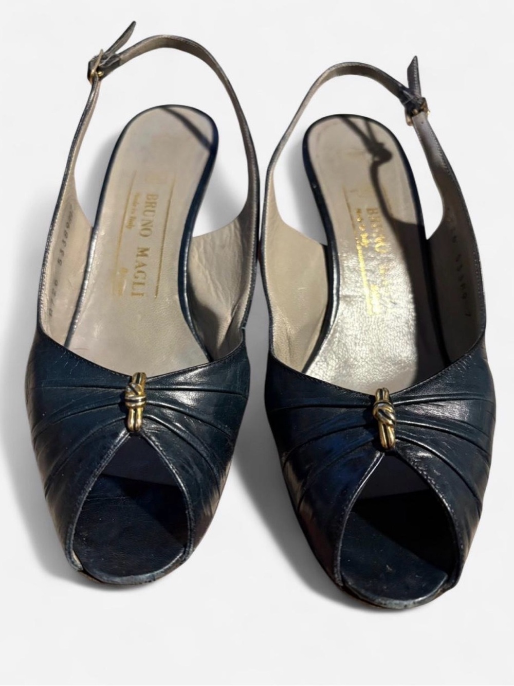 Vintage Bruno Magli Dark Blue Leather Peep-Toe Slingback Mules